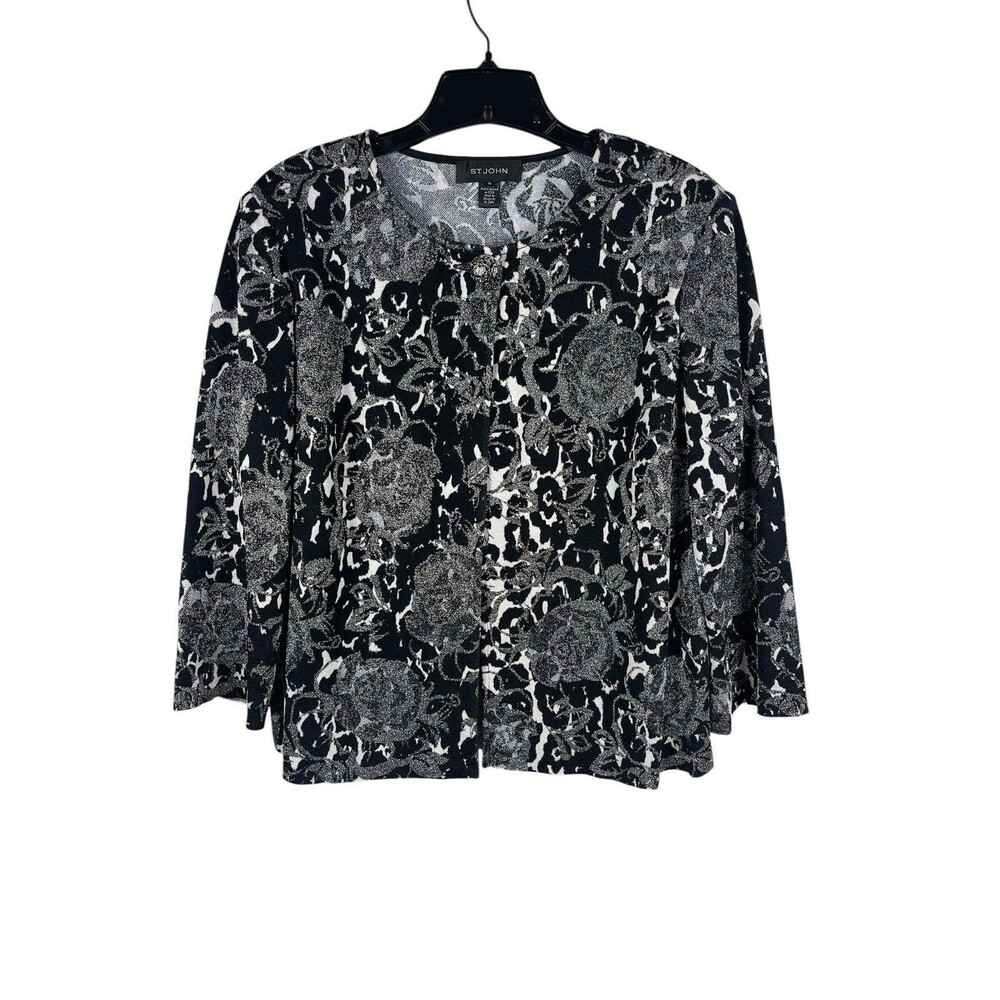 St. John Cardigan Sweater 16 Black Silver Metallic Floral Knit Old Money Luxury